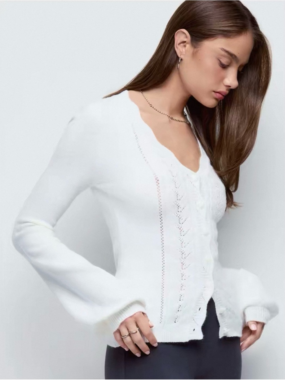 White V-Neck Knit Cardigan Sweater